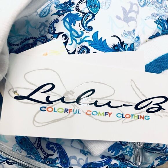 NEW Lulu-B UPF 50 Blue White Geometric Parsley Print Smooth Full Zip Jacket - Picture 11 of 13